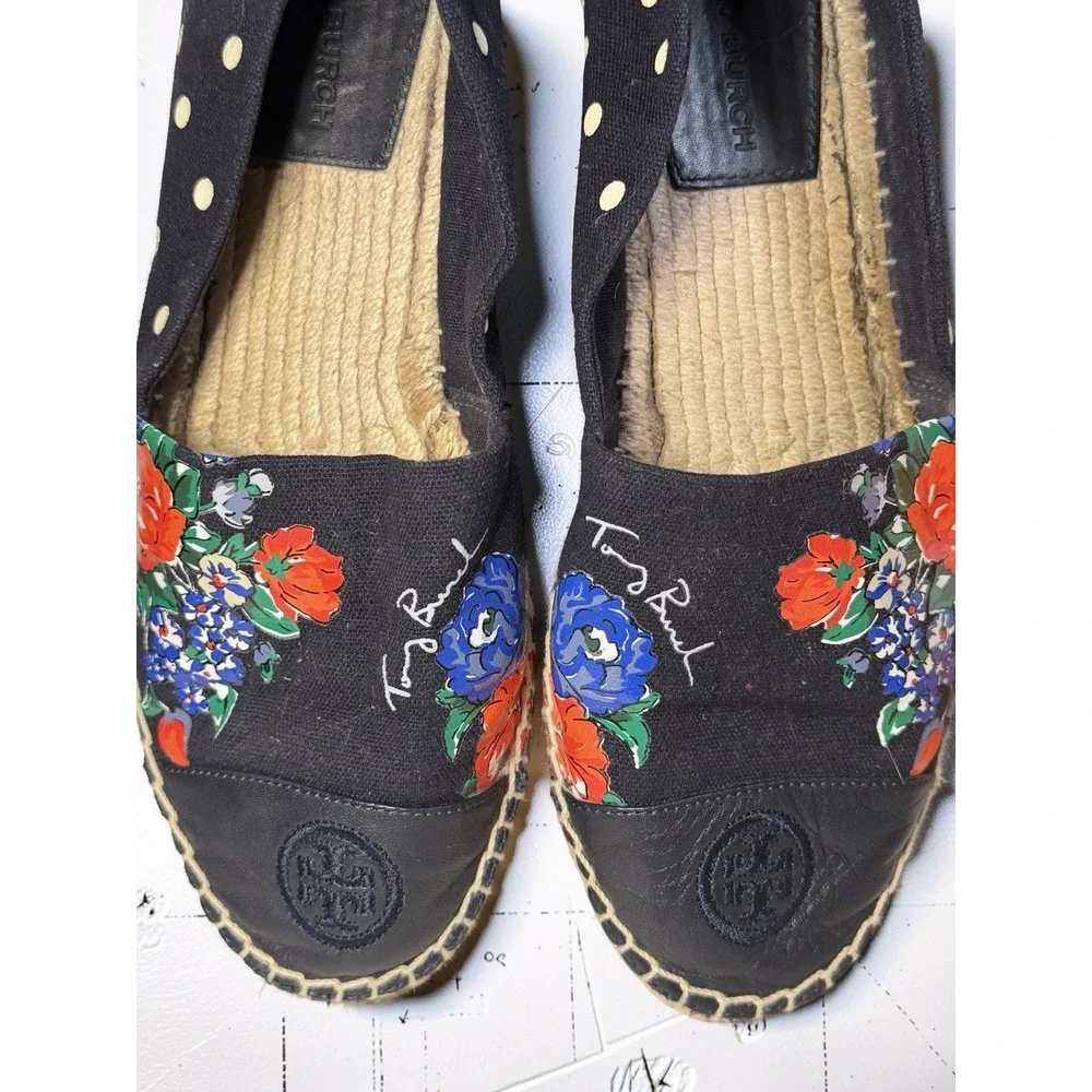 TORY BURCH size 9 Navy blue polka Dot Floral Espadrille Flats Canvas Shoes EUC